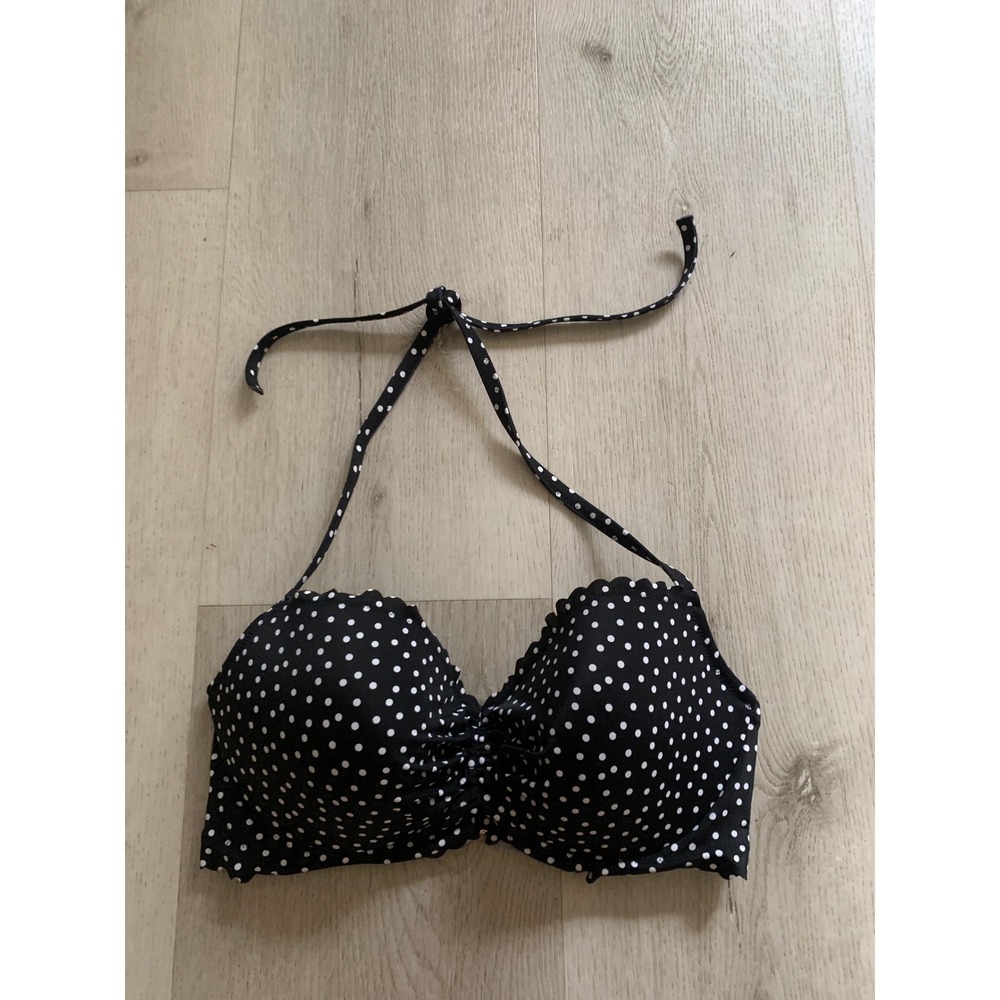 Victorias Secret Polka Dot Scalloped Halter Bikini Top Black White 36D